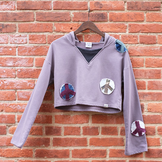 peace sign patches cropped hoodie - taupe M